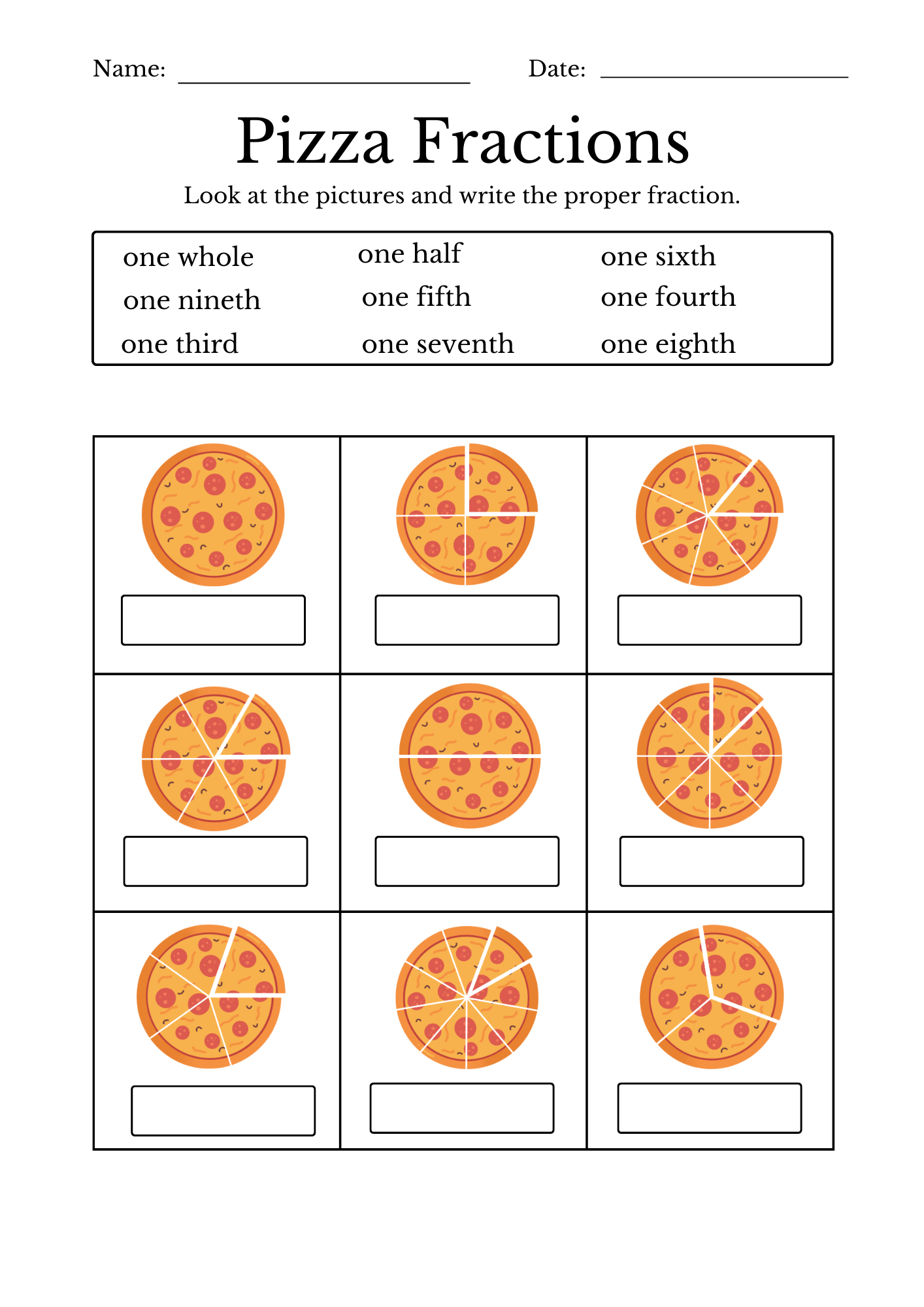 Pizza Fractions Worksheet - ETI Academy