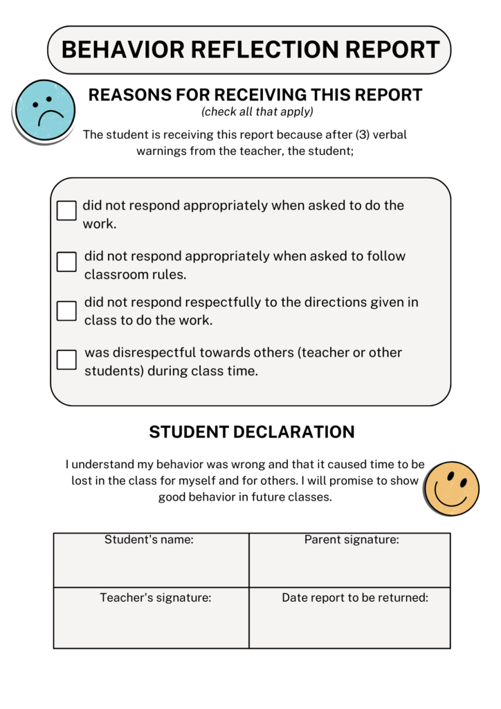 behavior reflection sheet