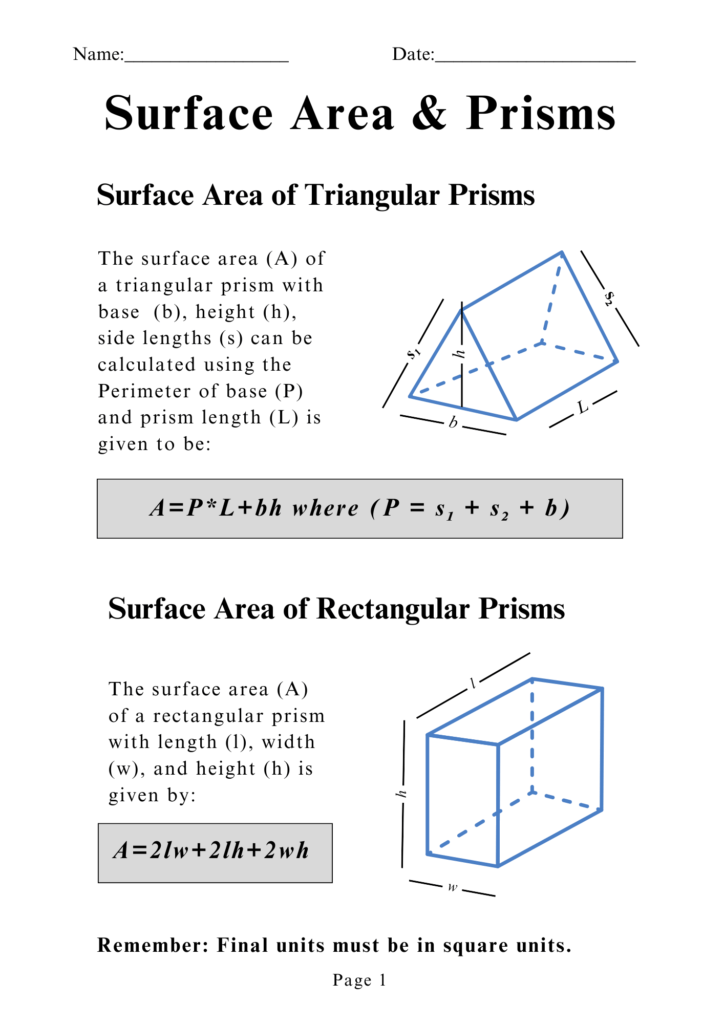 math surface area of prisms worksheets