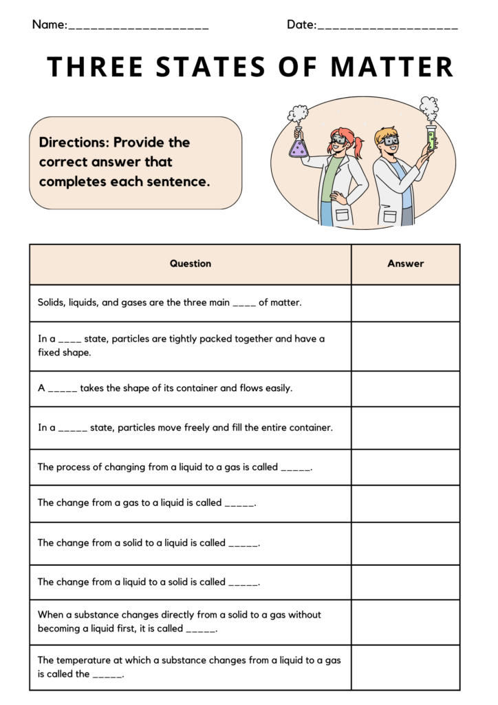 three states of matter worksheet