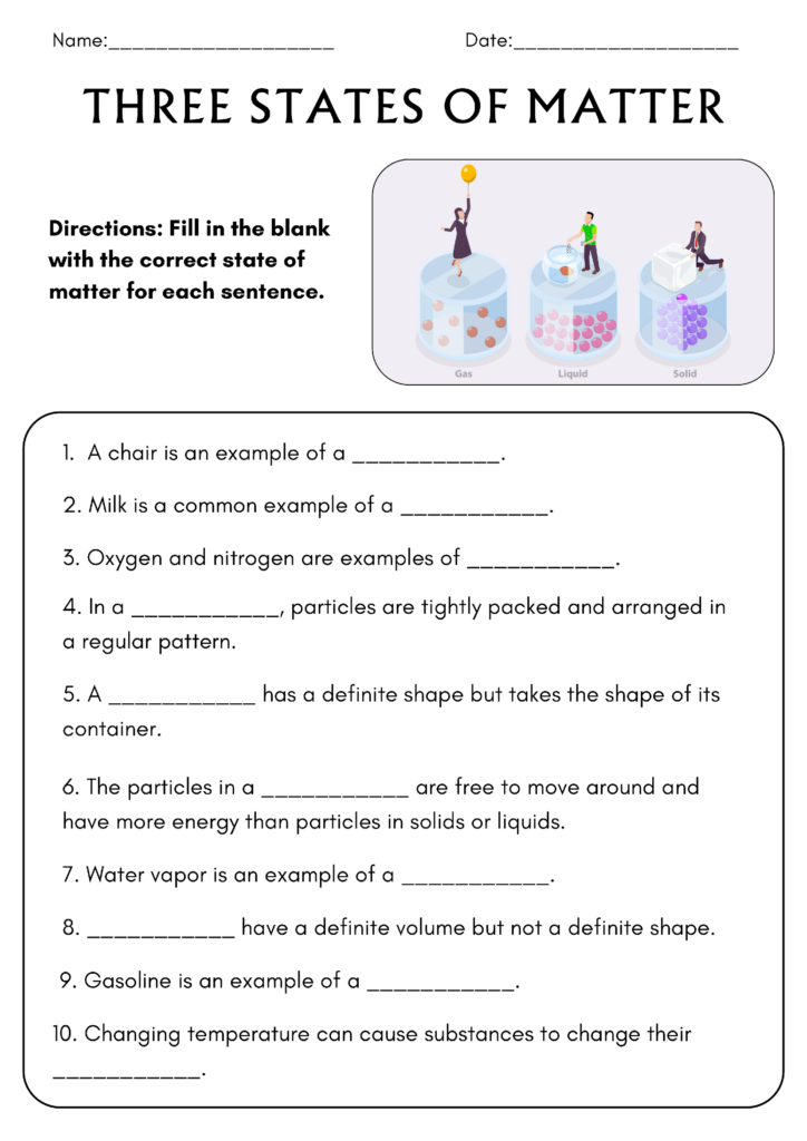 three states of matter worksheet sample