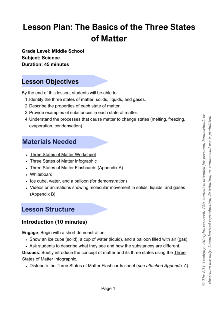 states of matter lesson plan page 1