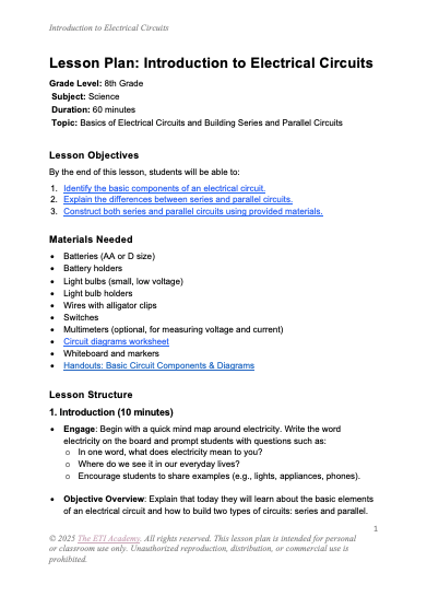 electrical circuits lesson plan page 1